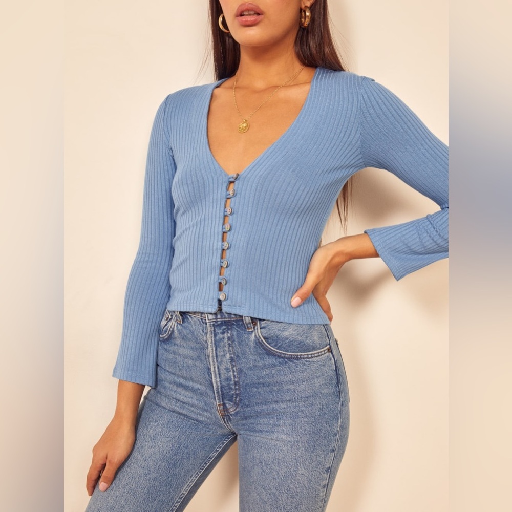 Reformation Gellar Knit Top Sweater Parisian Blue